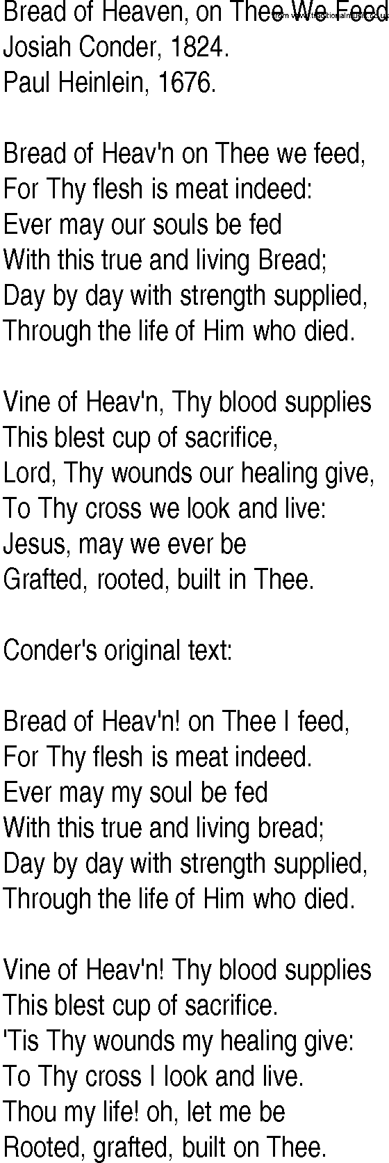 Hymn and Gospel Song: Bread of Heaven, on Thee We Feed by Josiah Conder lyrics