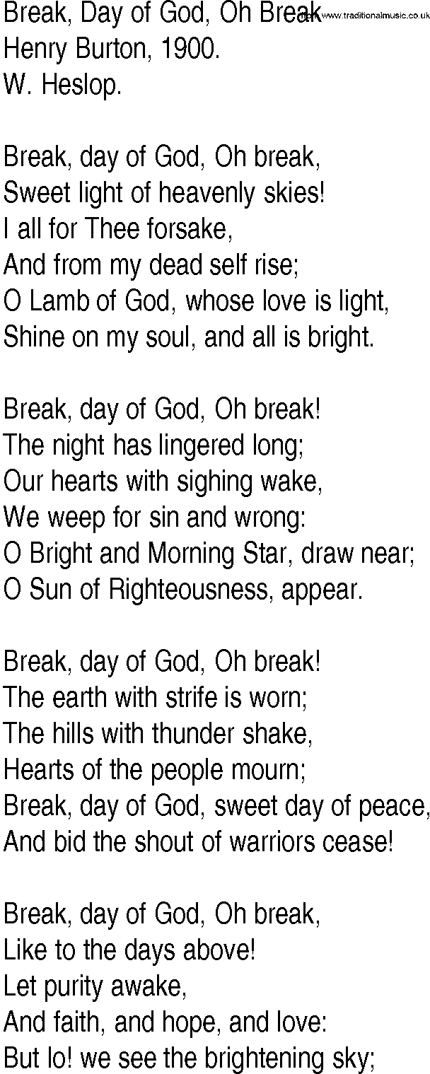 Hymn and Gospel Song: Break, Day of God, Oh Break by Henry Burton lyrics