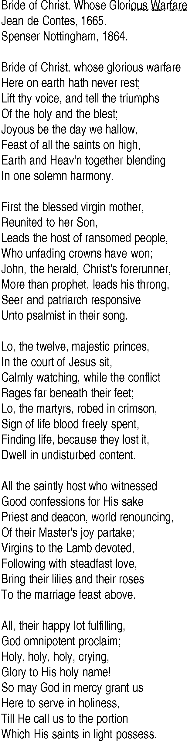 Hymn and Gospel Song: Bride of Christ, Whose Glorious Warfare by Jean de Contes lyrics