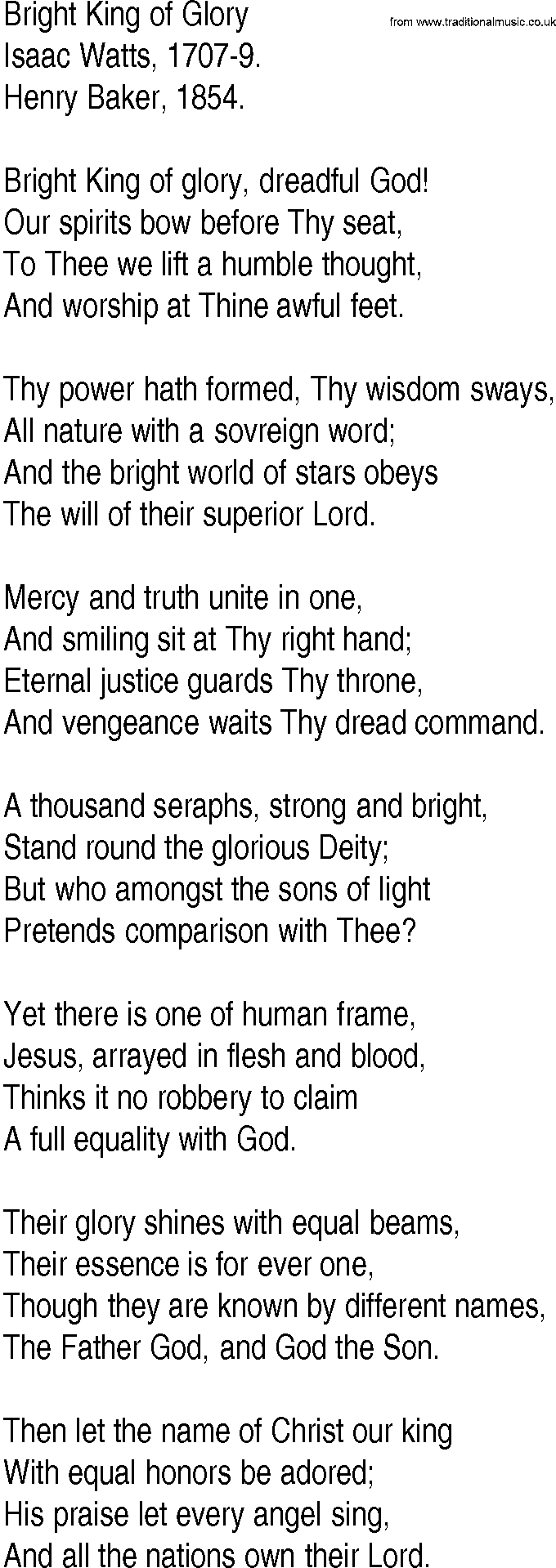 Hymn and Gospel Song: Bright King of Glory by Isaac Watts lyrics