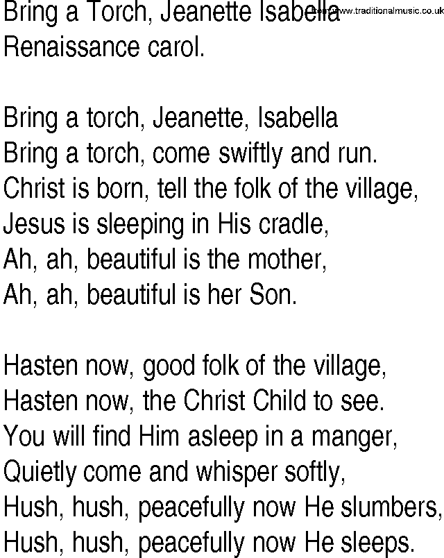 Hymn and Gospel Song: Bring a Torch, Jeanette Isabella by Renaissance carol lyrics