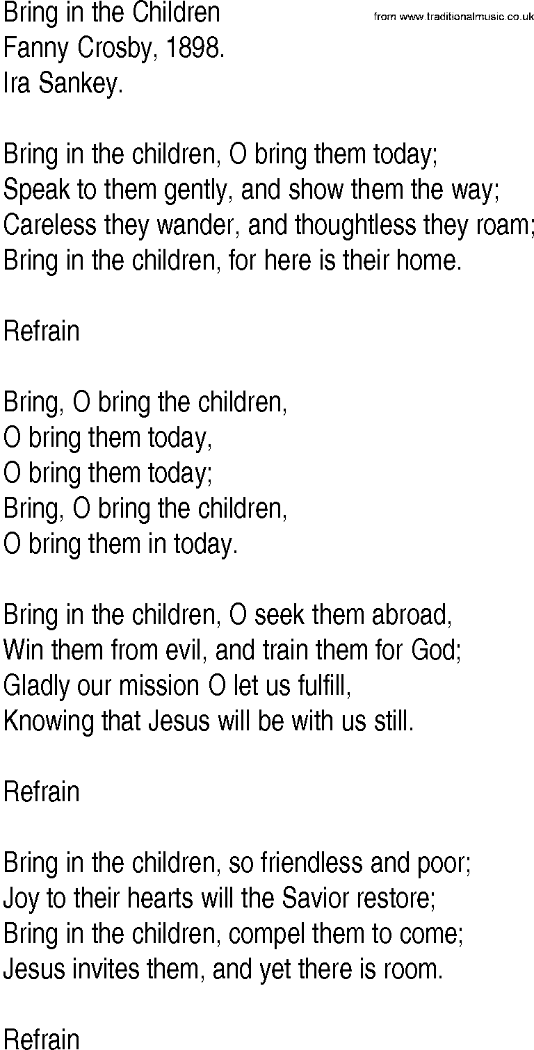 Hymn and Gospel Song: Bring in the Children by Fanny Crosby lyrics