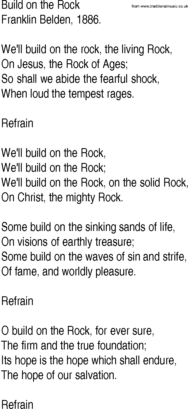 Hymn and Gospel Song: Build on the Rock by Franklin Belden lyrics