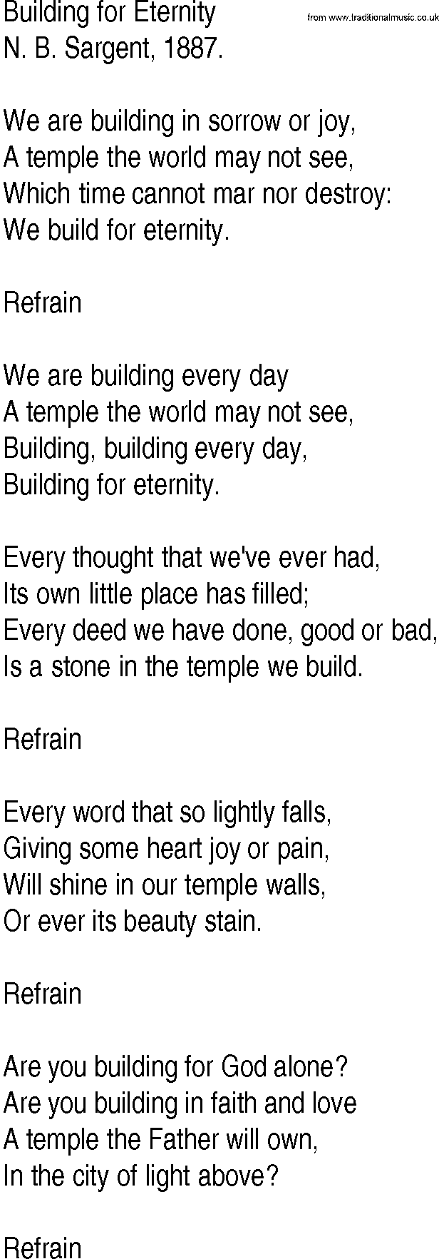 Hymn and Gospel Song: Building for Eternity by N B Sargent lyrics