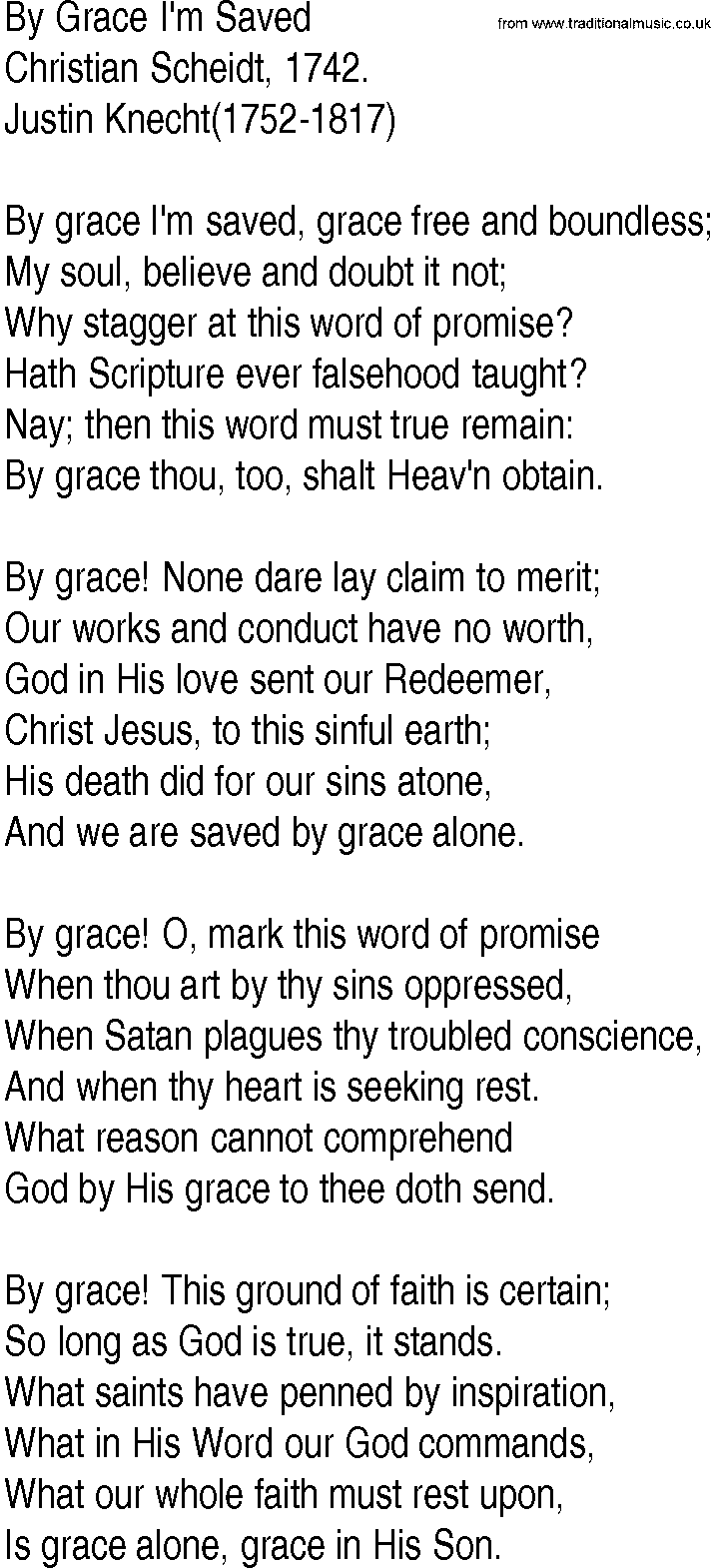 Hymn and Gospel Song: By Grace I'm Saved by Christian Scheidt lyrics