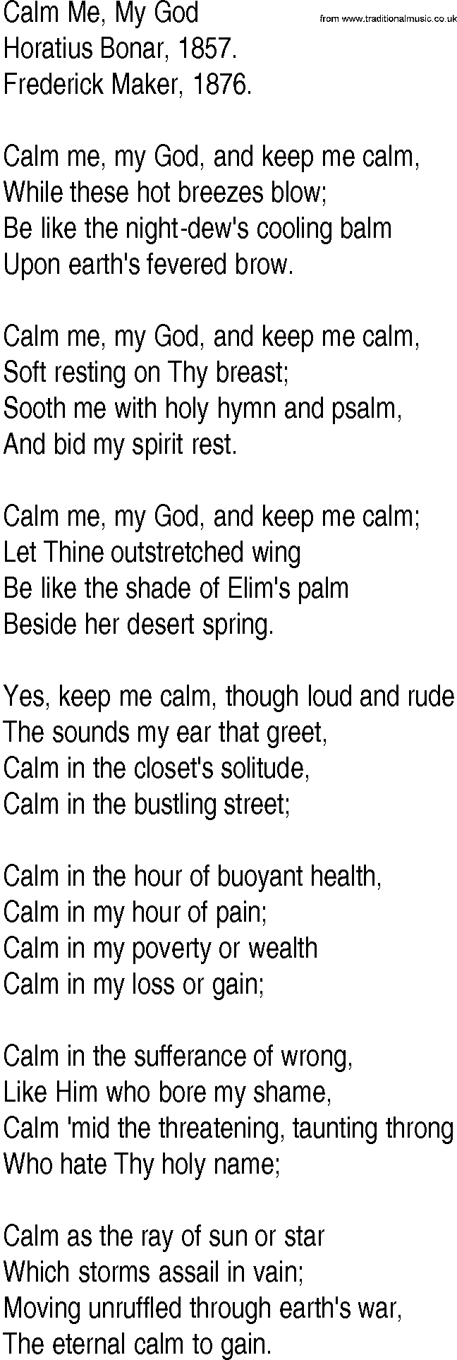 Hymn and Gospel Song: Calm Me, My God by Horatius Bonar lyrics