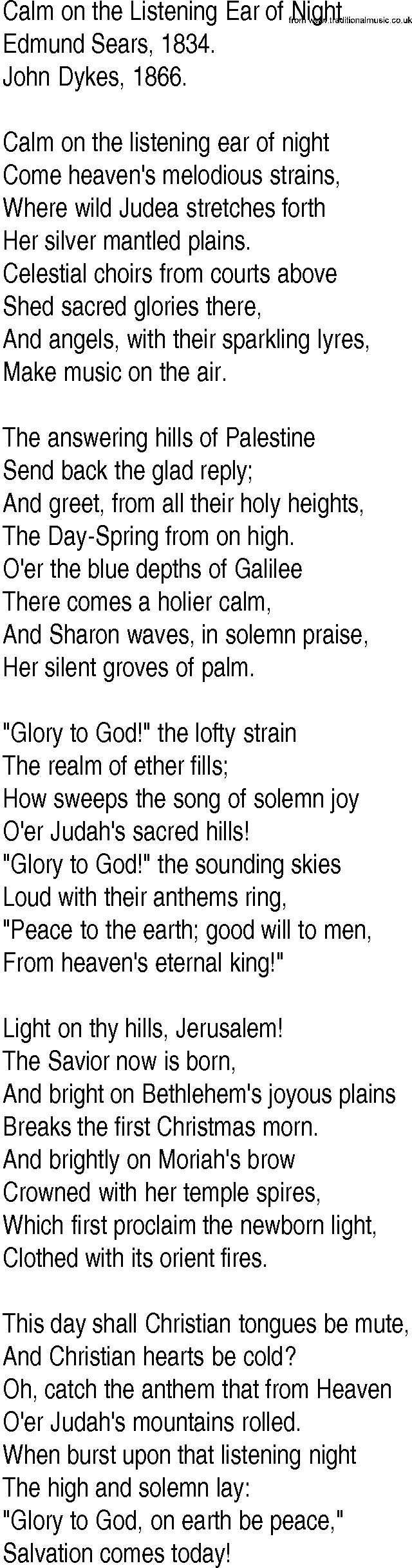 Hymn and Gospel Song: Calm on the Listening Ear of Night by Edmund Sears lyrics