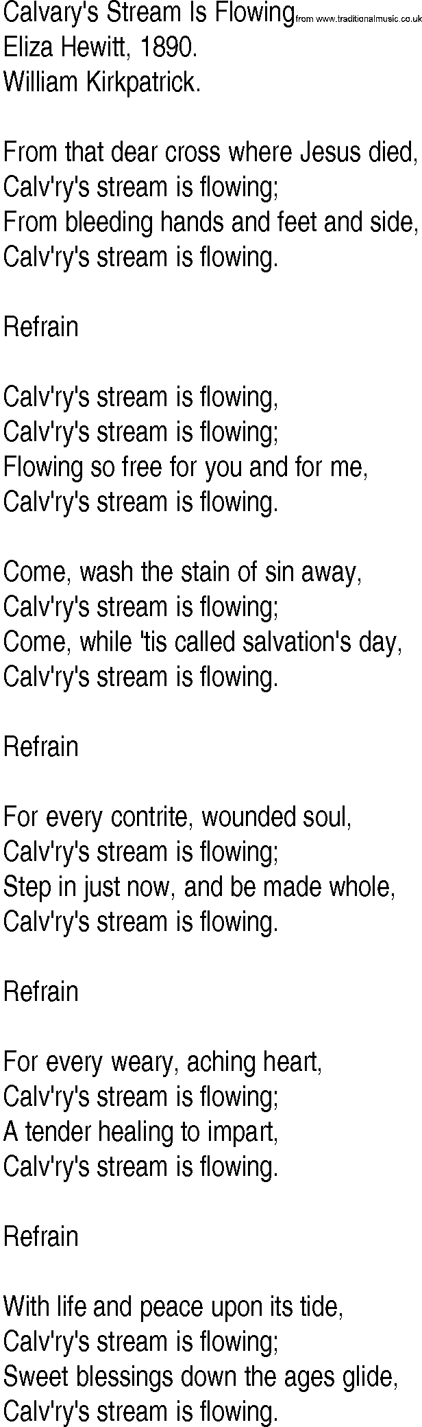 Hymn and Gospel Song: Calvary's Stream Is Flowing by Eliza Hewitt lyrics