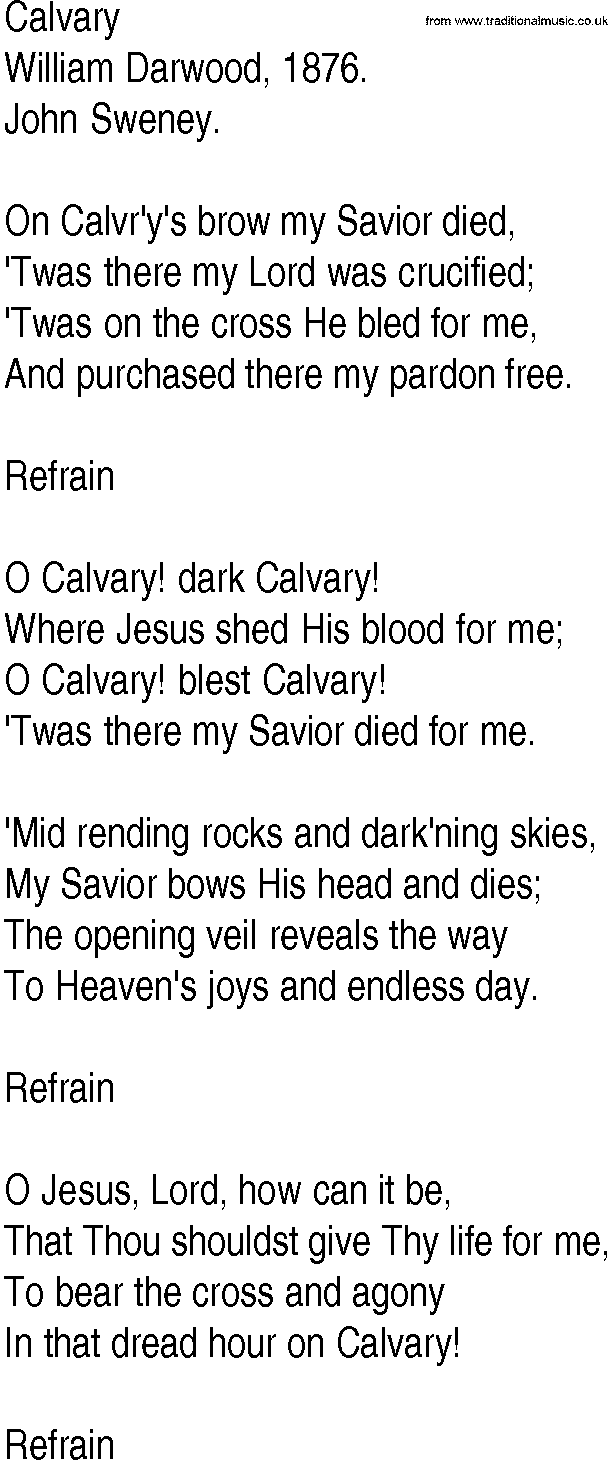 Hymn and Gospel Song: Calvary by William Darwood lyrics