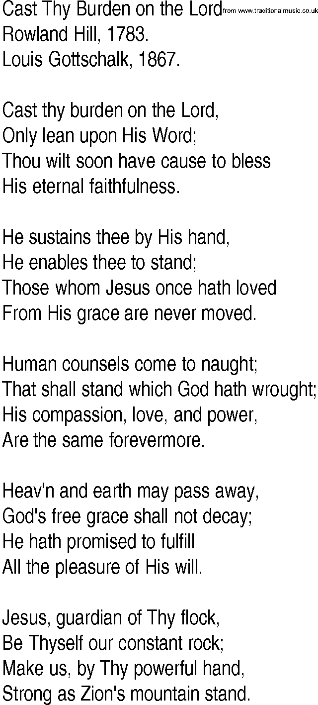 Hymn and Gospel Song: Cast Thy Burden on the Lord by Rowland Hill lyrics