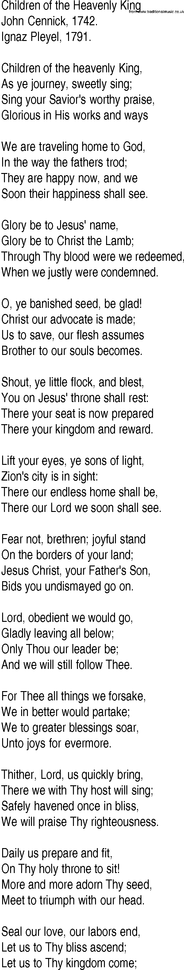 Hymn and Gospel Song: Children of the Heavenly King by John Cennick lyrics