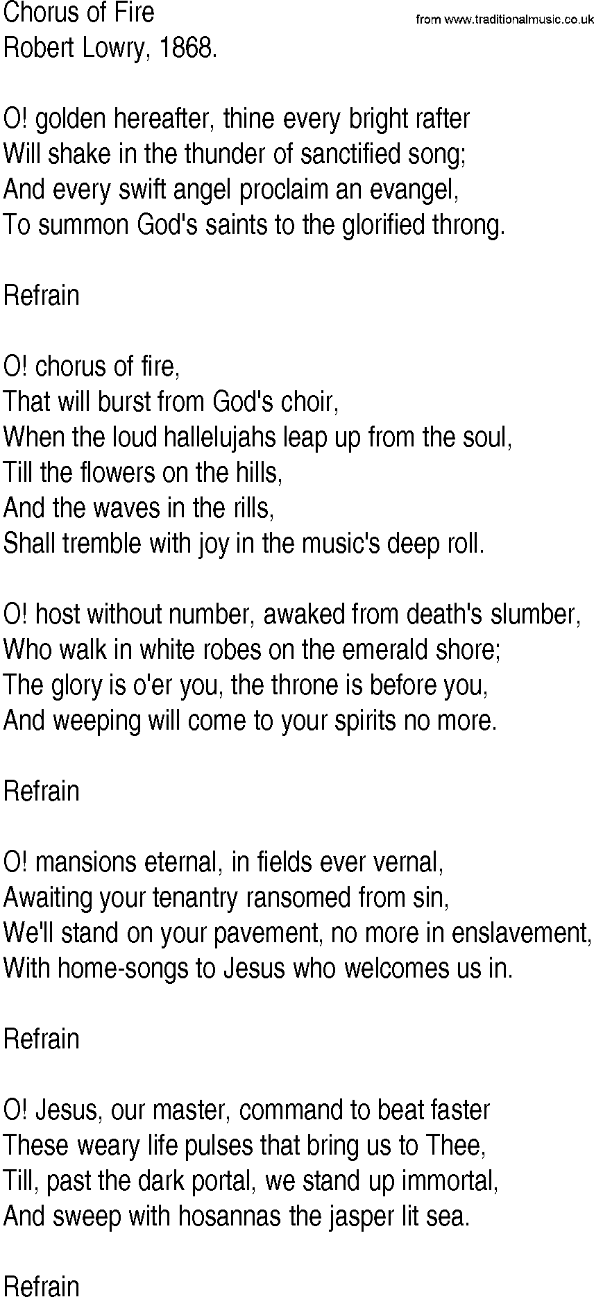 Hymn and Gospel Song: Chorus of Fire by Robert Lowry lyrics