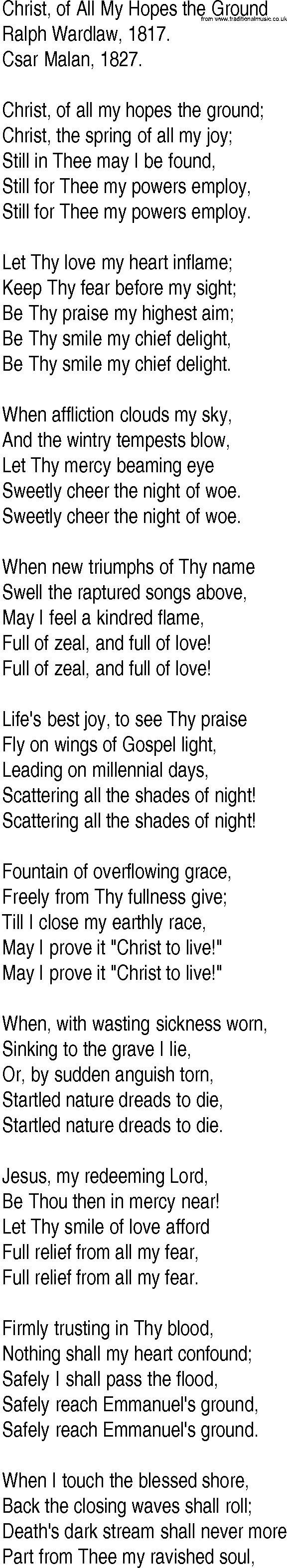 Hymn and Gospel Song: Christ, of All My Hopes the Ground by Ralph Wardlaw lyrics