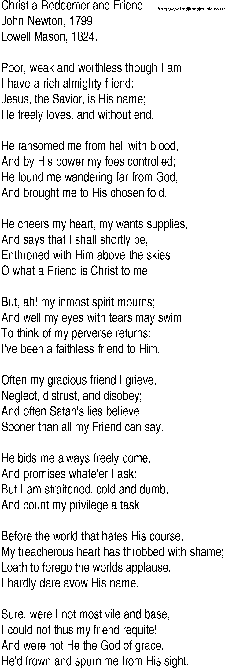 Hymn and Gospel Song: Christ a Redeemer and Friend by John Newton lyrics