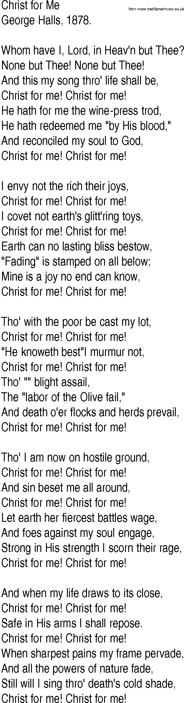 Hymn and Gospel Song: Christ for Me by George Halls lyrics