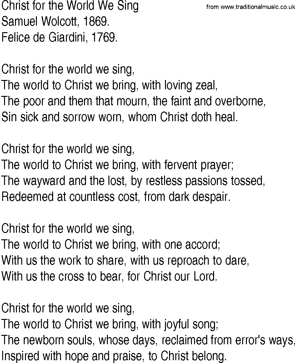 Hymn and Gospel Song: Christ for the World We Sing by Samuel Wolcott lyrics
