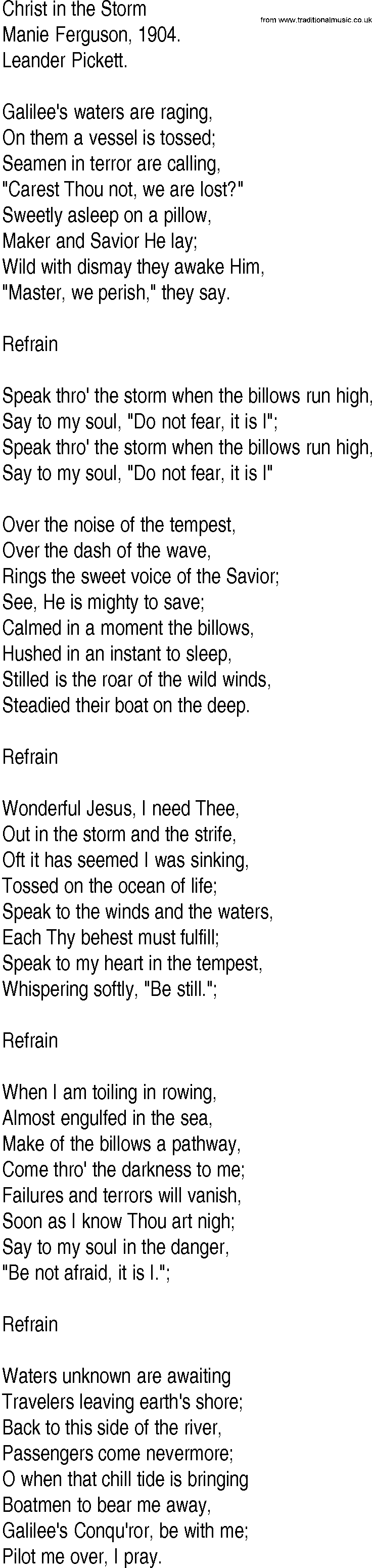 Hymn and Gospel Song: Christ in the Storm by Manie Ferguson lyrics