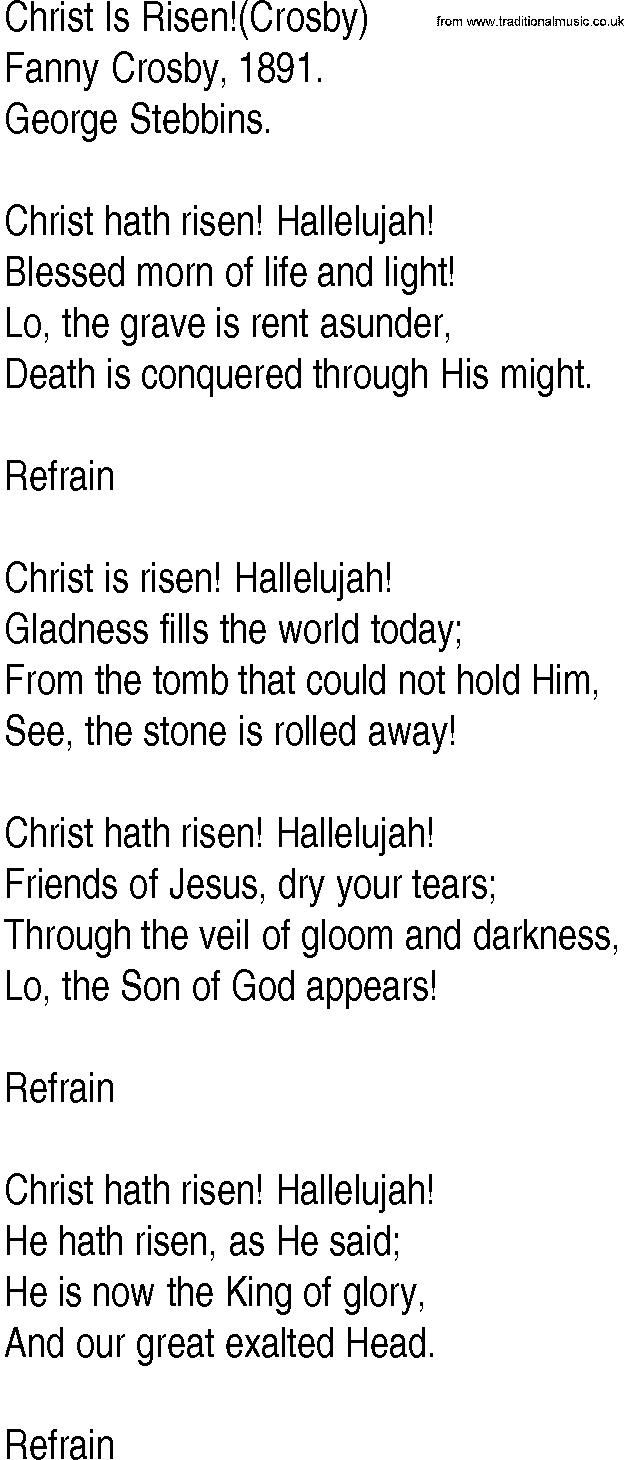 Hymn and Gospel Song: Christ Is Risen!(Crosby) by Fanny Crosby lyrics