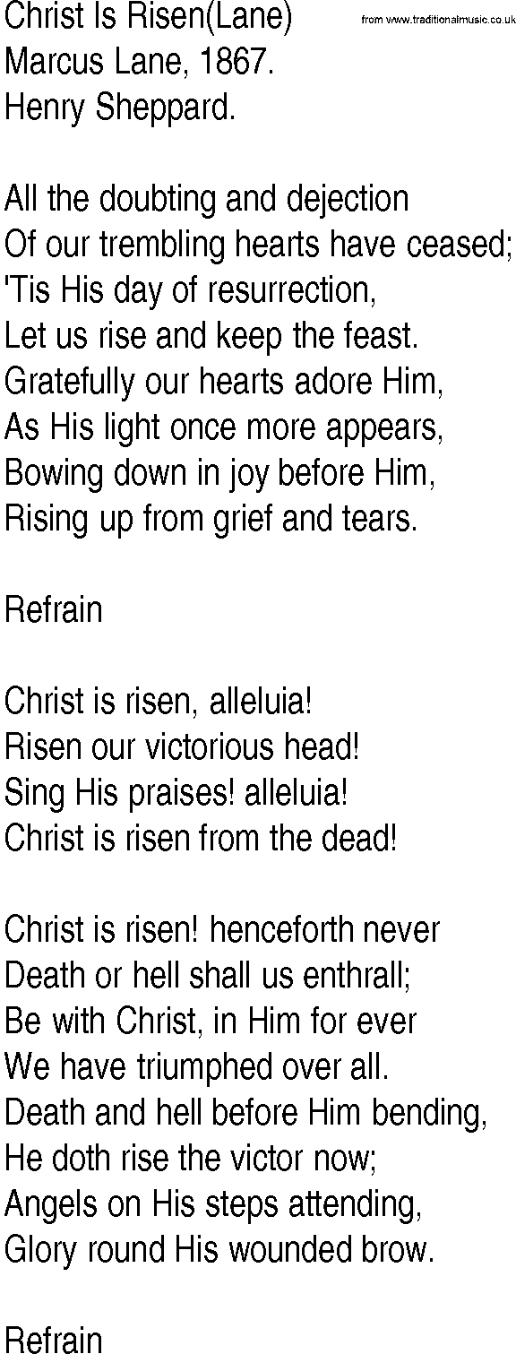 Hymn and Gospel Song: Christ Is Risen(Lane) by Marcus Lane lyrics