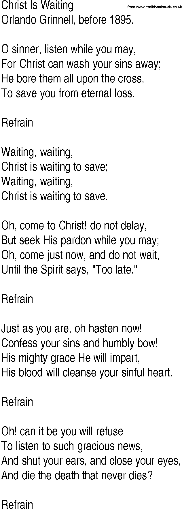Hymn and Gospel Song: Christ Is Waiting by Orlando Grinnell before lyrics