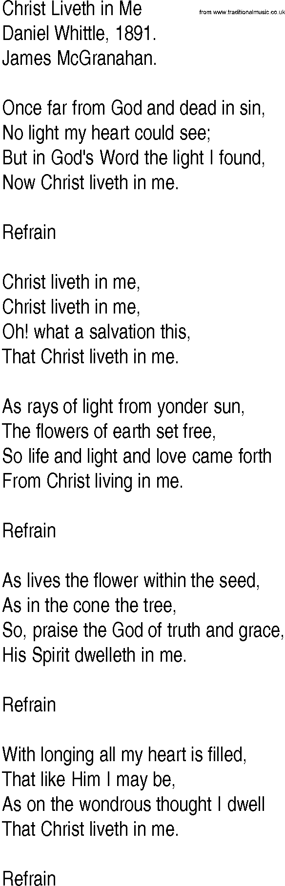 Hymn and Gospel Song: Christ Liveth in Me by Daniel Whittle lyrics