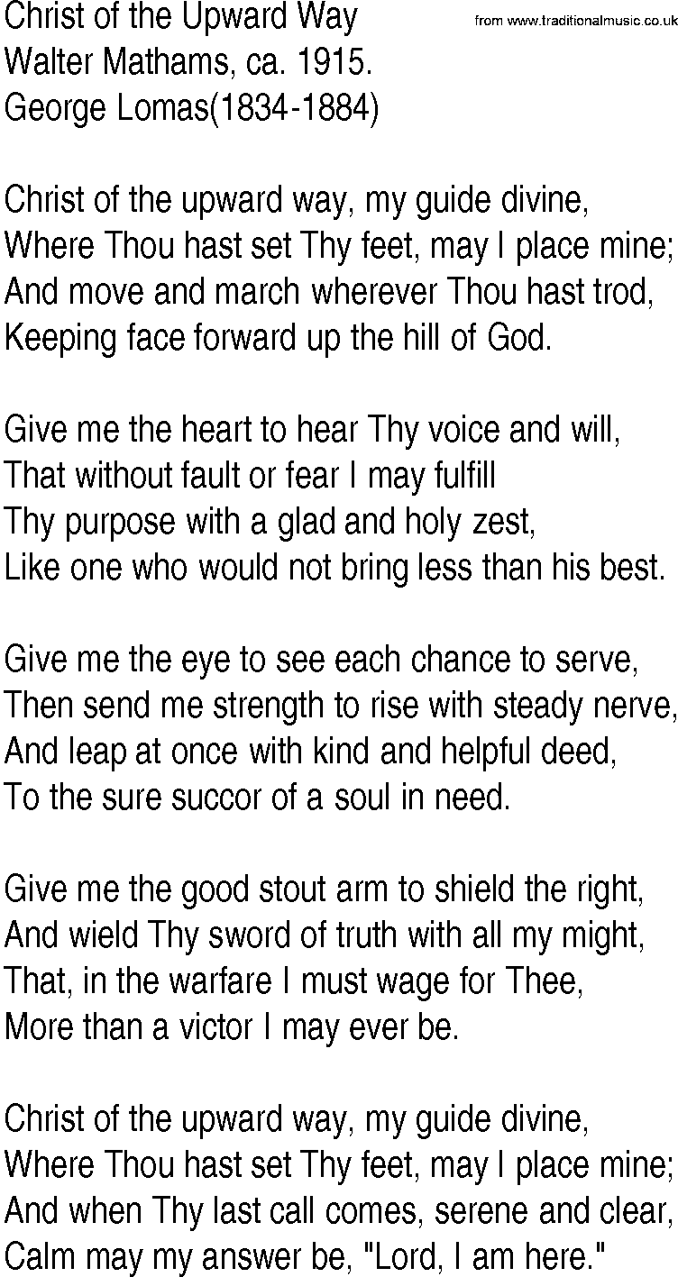 Hymn and Gospel Song: Christ of the Upward Way by Walter Mathams ca lyrics