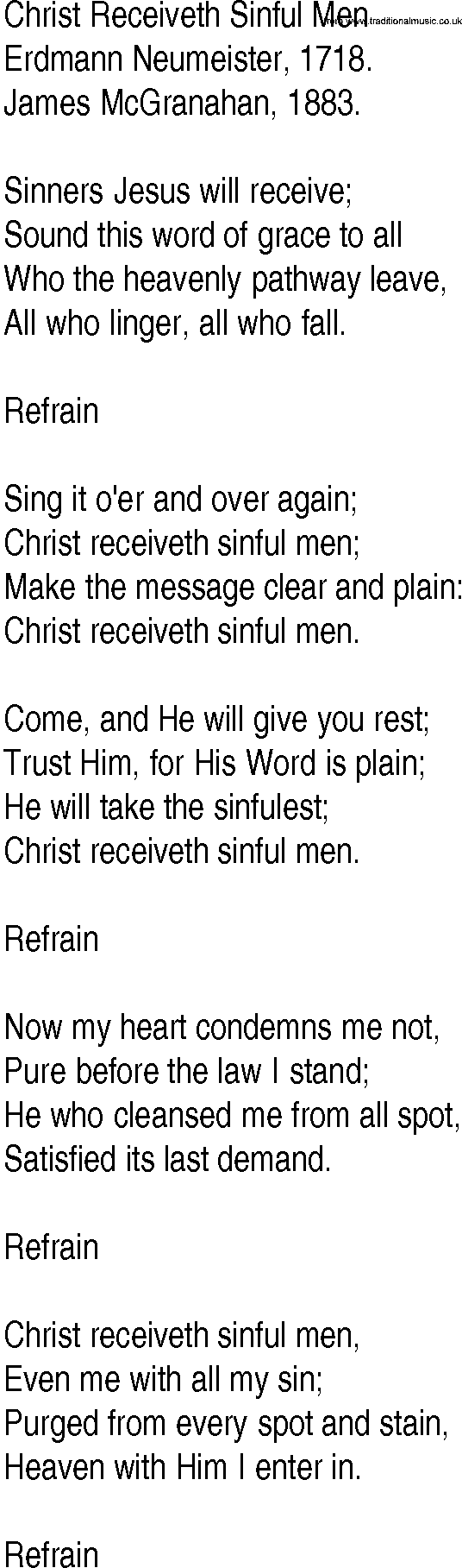 Hymn and Gospel Song: Christ Receiveth Sinful Men by Erdmann Neumeister lyrics