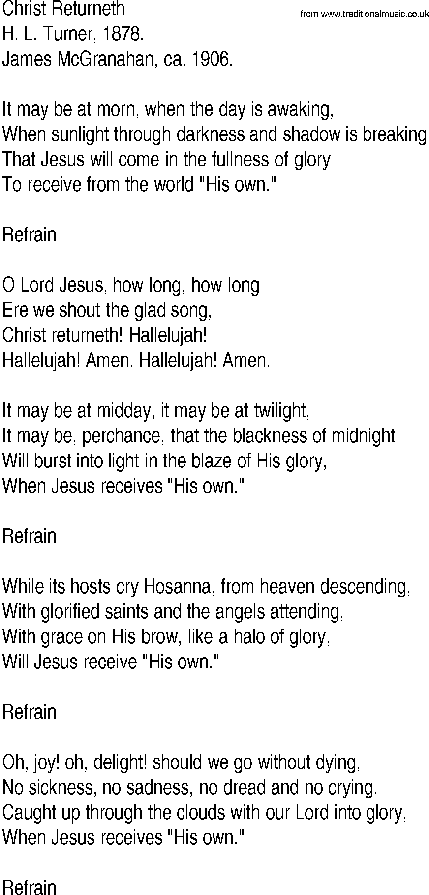 Hymn and Gospel Song: Christ Returneth by H L Turner lyrics