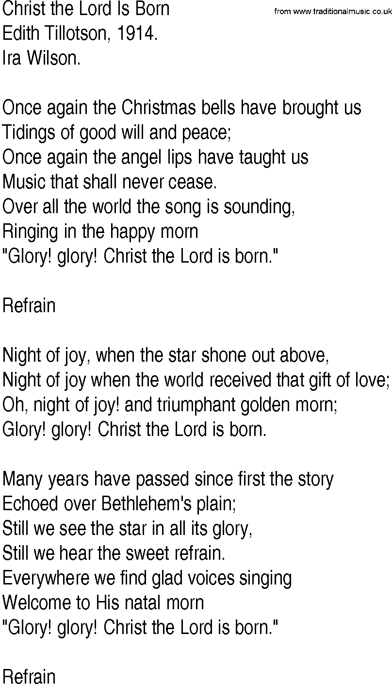 Hymn and Gospel Song: Christ the Lord Is Born by Edith Tillotson lyrics