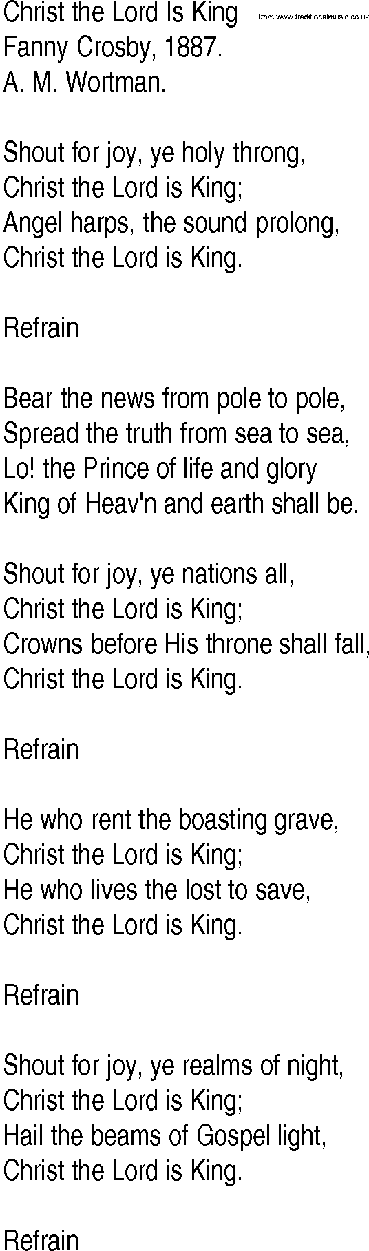 Hymn and Gospel Song: Christ the Lord Is King by Fanny Crosby lyrics