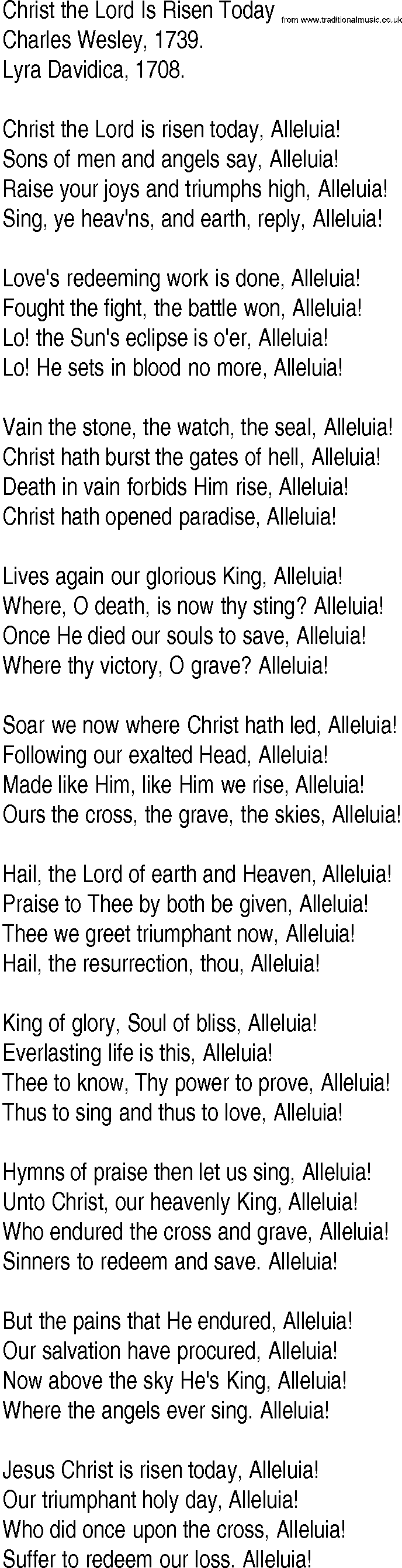 Hymn and Gospel Song: Christ the Lord Is Risen Today by Charles Wesley lyrics