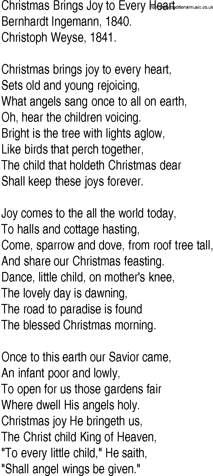 Hymn and Gospel Song: Christmas Brings Joy to Every Heart by Bernhardt Ingemann lyrics