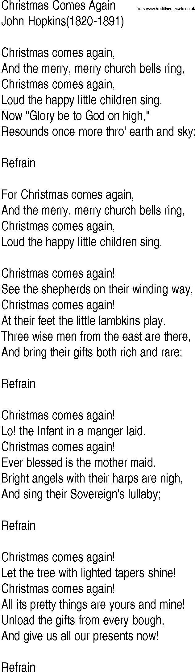 Hymn and Gospel Song: Christmas Comes Again by John Hopkins lyrics