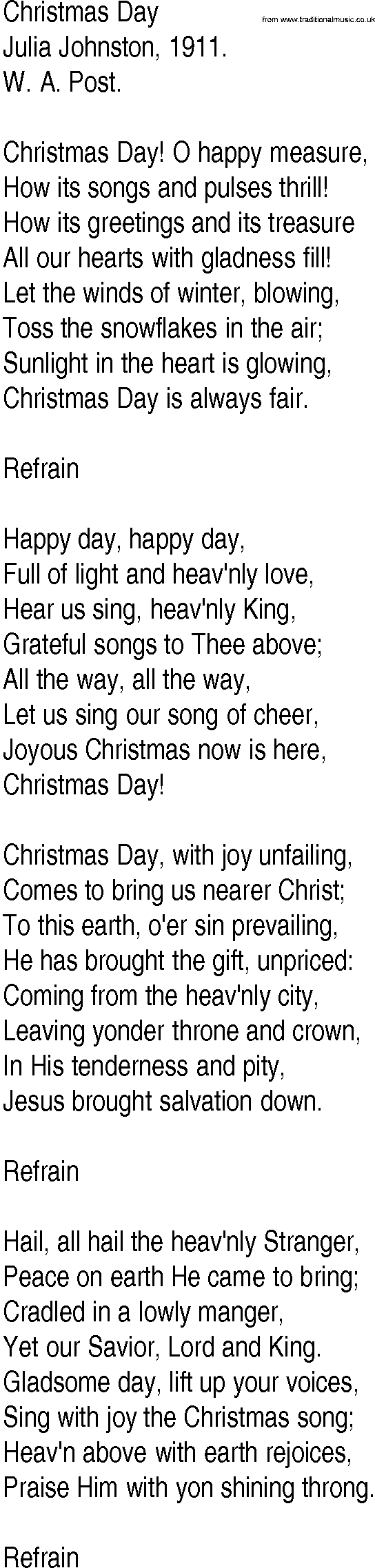 Hymn and Gospel Song: Christmas Day by Julia Johnston lyrics