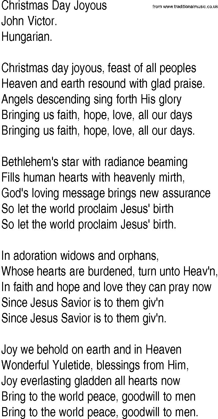 Hymn and Gospel Song: Christmas Day Joyous by John Victor lyrics