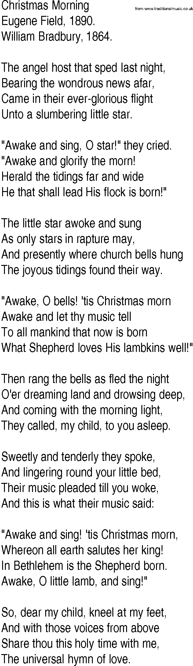 Hymn and Gospel Song: Christmas Morning by Eugene Field lyrics