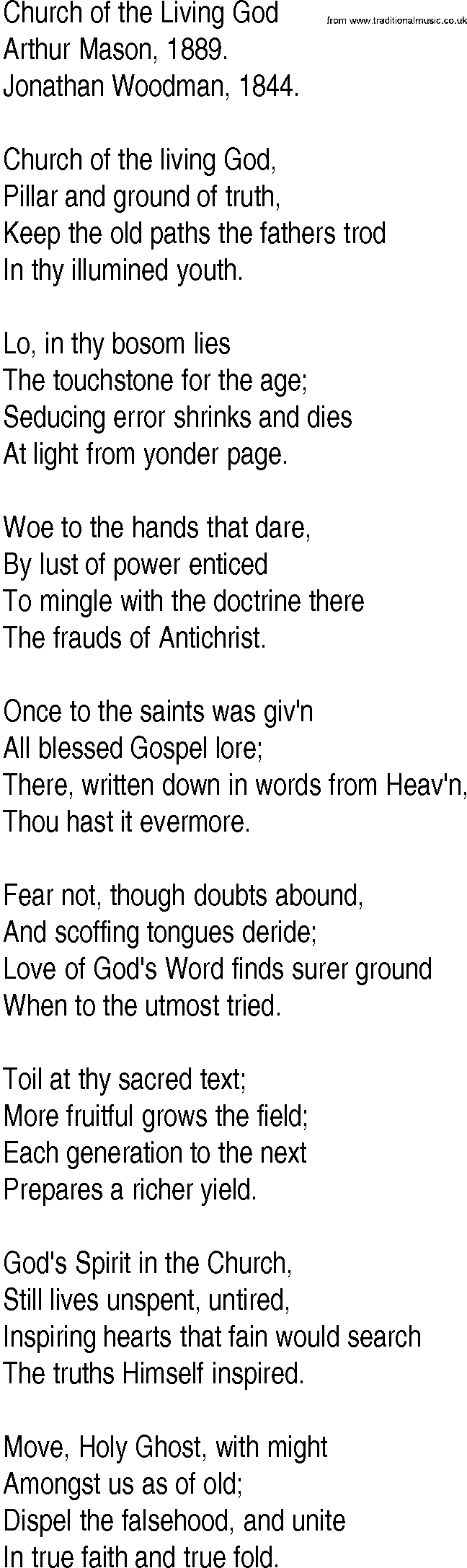 Hymn and Gospel Song: Church of the Living God by Arthur Mason lyrics