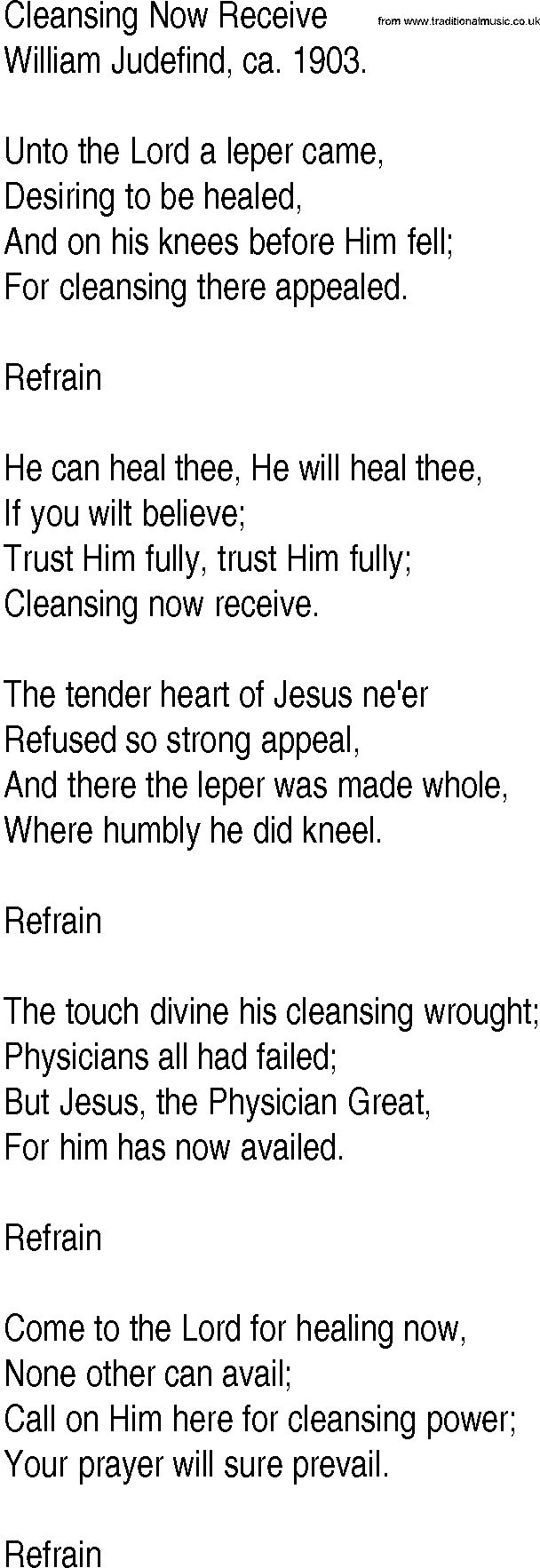 Hymn and Gospel Song: Cleansing Now Receive by William Judefind ca lyrics