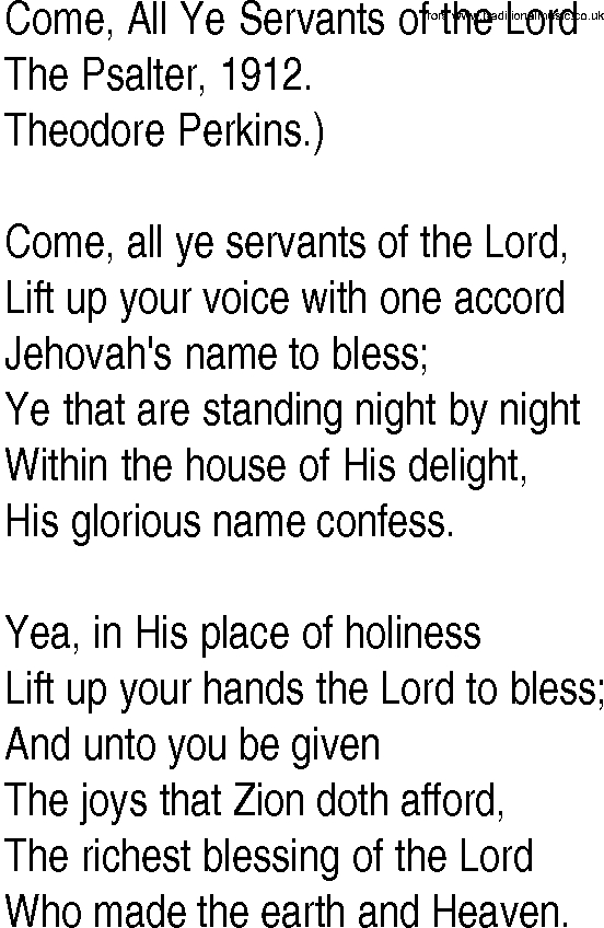 Hymn and Gospel Song: Come, All Ye Servants of the Lord by The Psalter lyrics