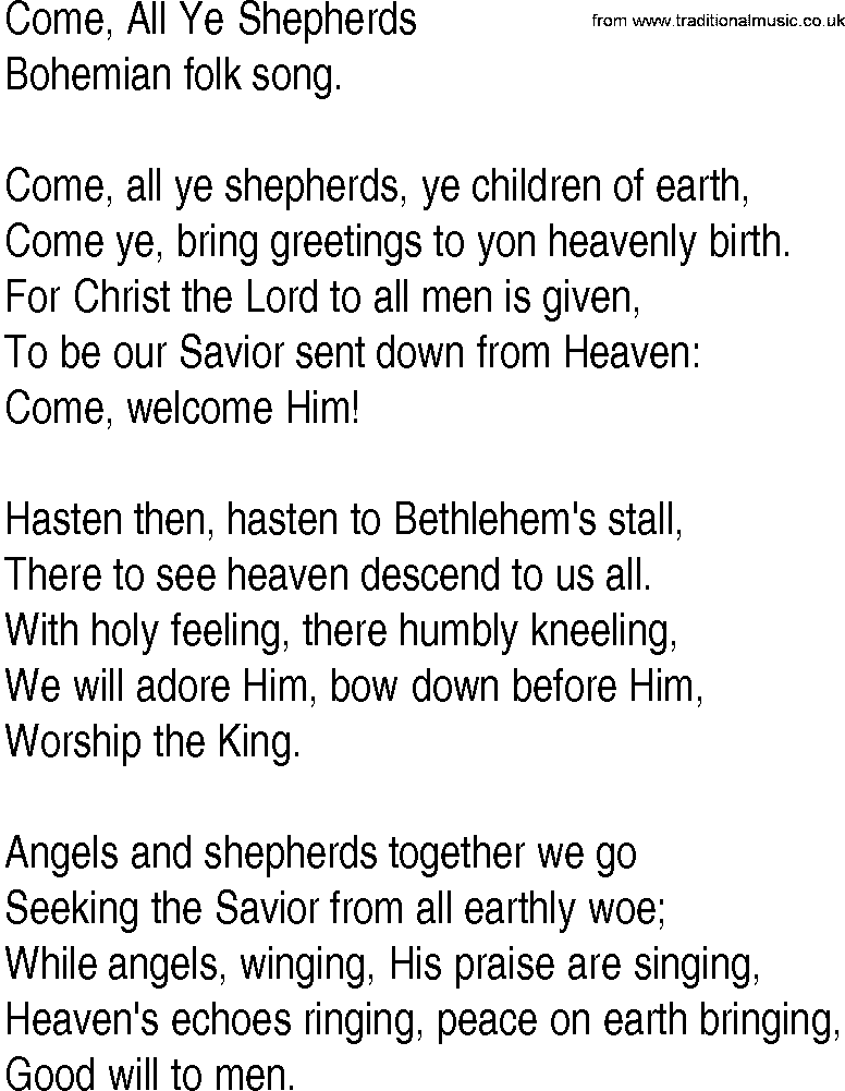 Hymn and Gospel Song: Come, All Ye Shepherds by Bohemian folk song lyrics