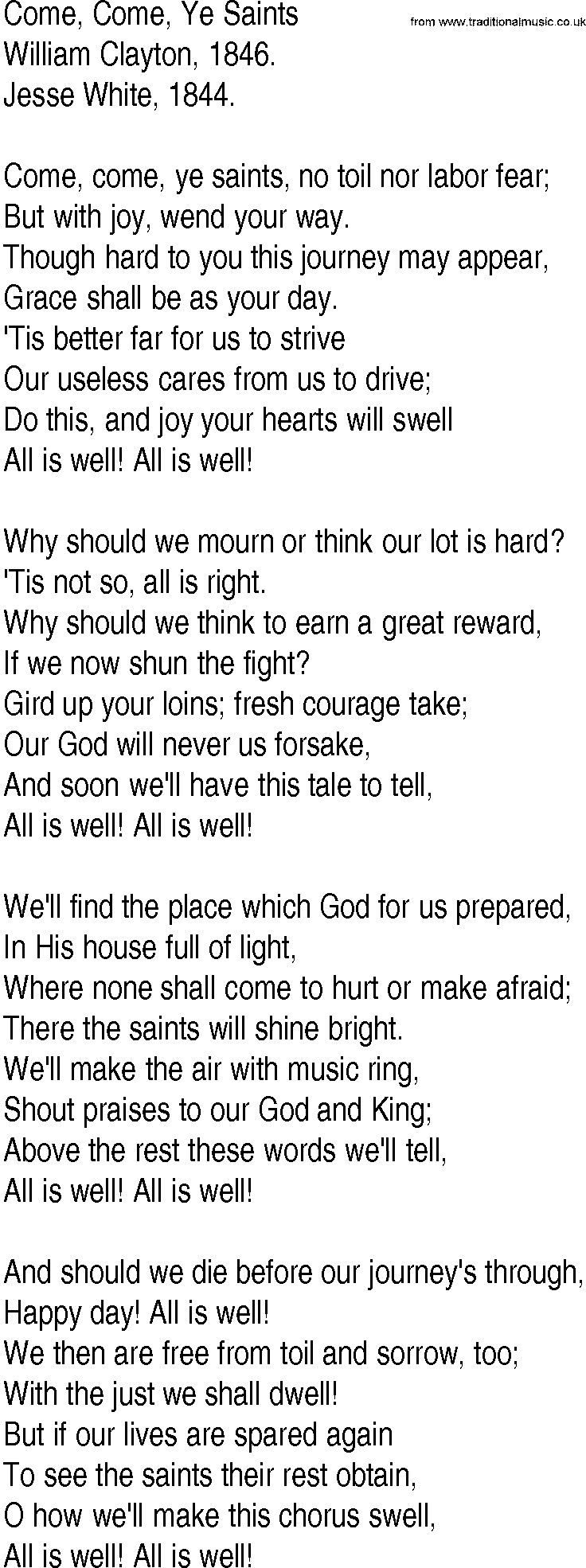 Hymn and Gospel Song: Come, Come, Ye Saints by William Clayton lyrics