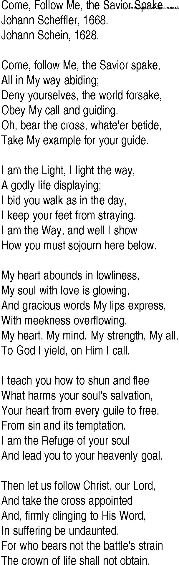 Hymn and Gospel Song: Come, Follow Me, the Savior Spake by Johann Scheffler lyrics