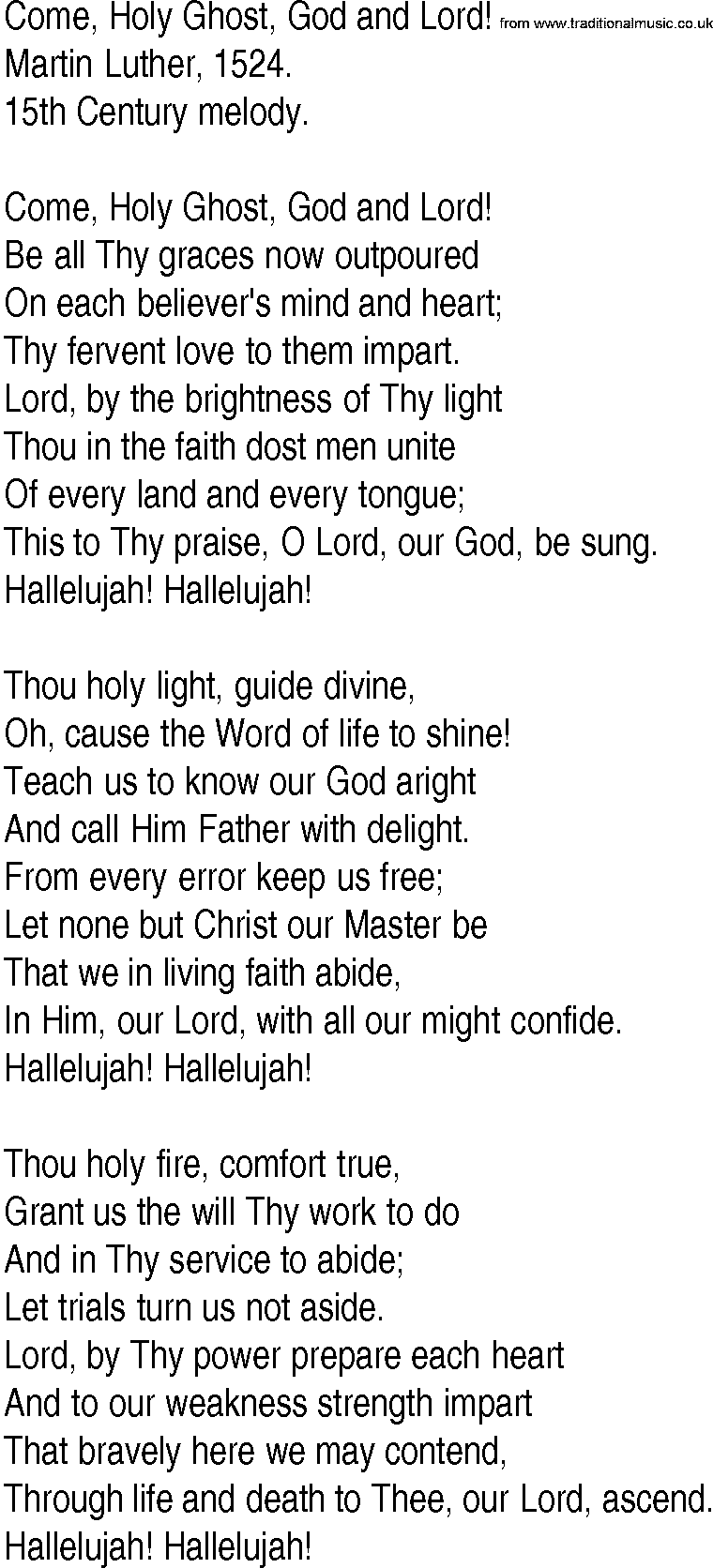 Hymn and Gospel Song: Come, Holy Ghost, God and Lord! by Martin Luther lyrics