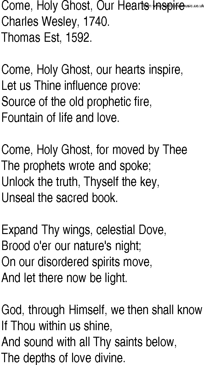 Hymn and Gospel Song: Come, Holy Ghost, Our Hearts Inspire by Charles Wesley lyrics