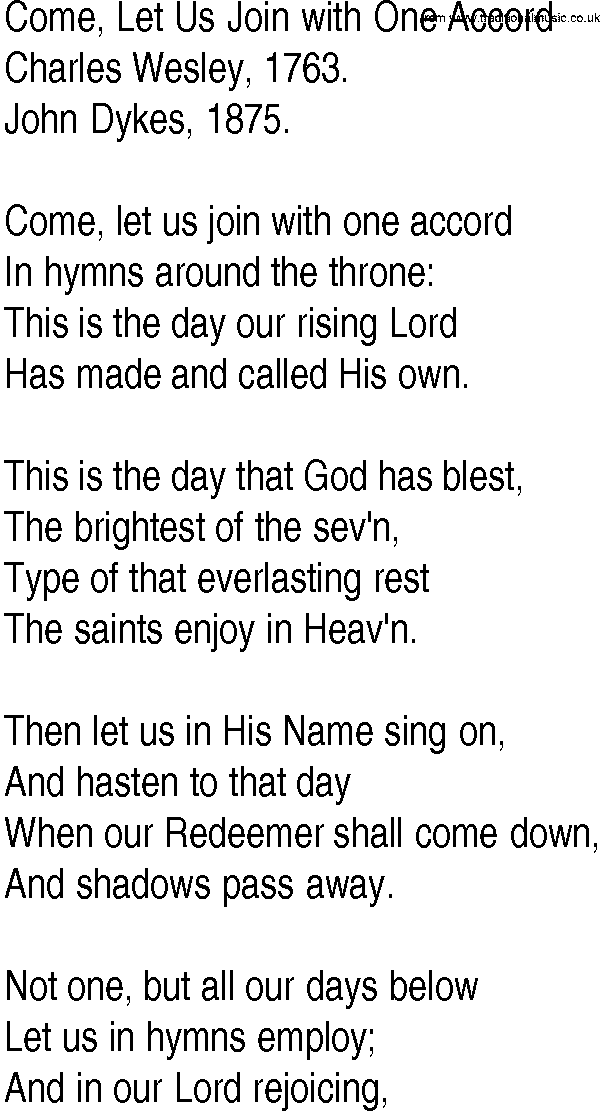 Hymn and Gospel Song: Come, Let Us Join with One Accord by Charles Wesley lyrics