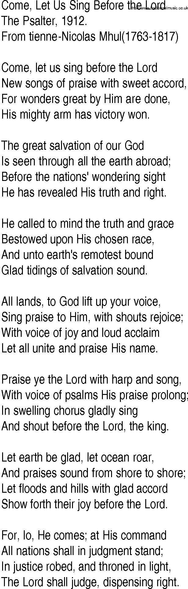 Hymn and Gospel Song: Come, Let Us Sing Before the Lord by The Psalter lyrics