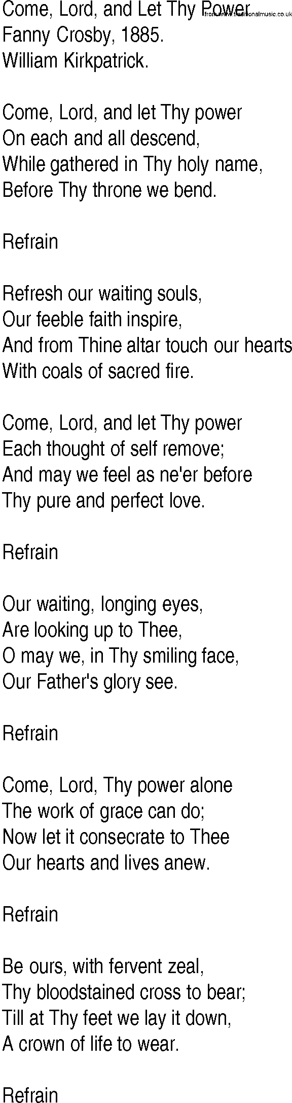 Hymn and Gospel Song: Come, Lord, and Let Thy Power by Fanny Crosby lyrics