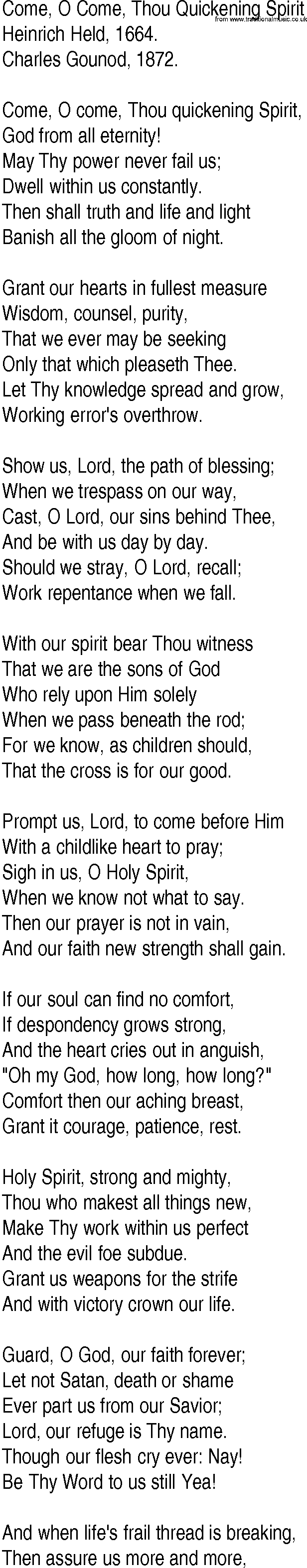 Hymn and Gospel Song: Come, O Come, Thou Quickening Spirit by Heinrich Held lyrics