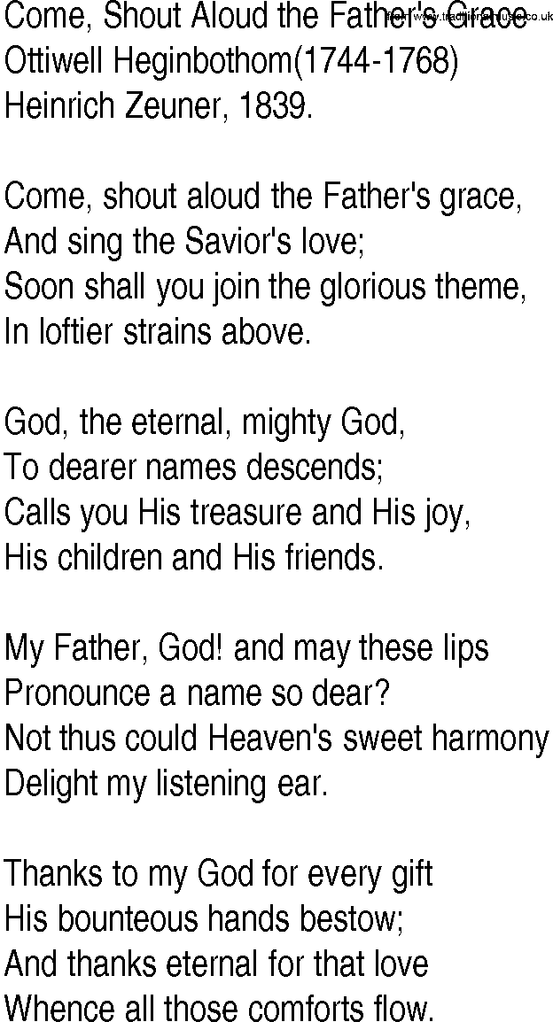 Hymn and Gospel Song: Come, Shout Aloud the Father's Grace by Ottiwell Heginbothom lyrics