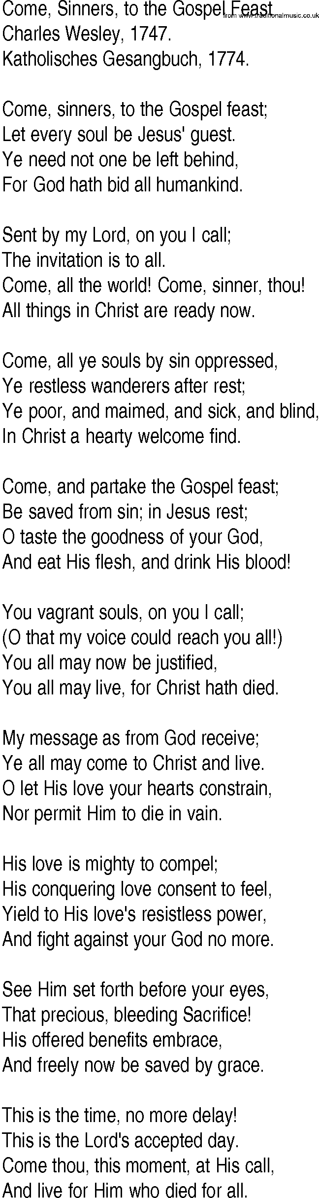 Hymn and Gospel Song: Come, Sinners, to the Gospel Feast by Charles Wesley lyrics
